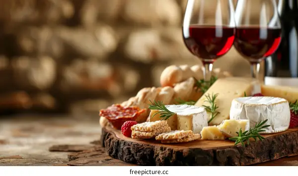 Red and white wine with cheese and bread
