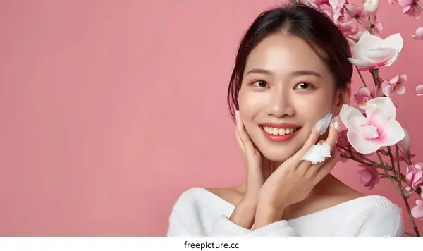 Smiling Asian Woman Applying Face Cream with Flowers