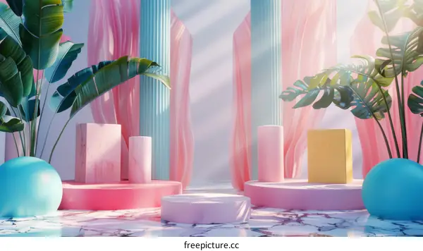 Abstract Minimalist Background With Pink Blue And Yellow Columns And Tropical Plants