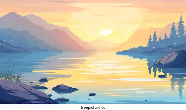 Beautiful Mountain Lake Sunrise Illustration