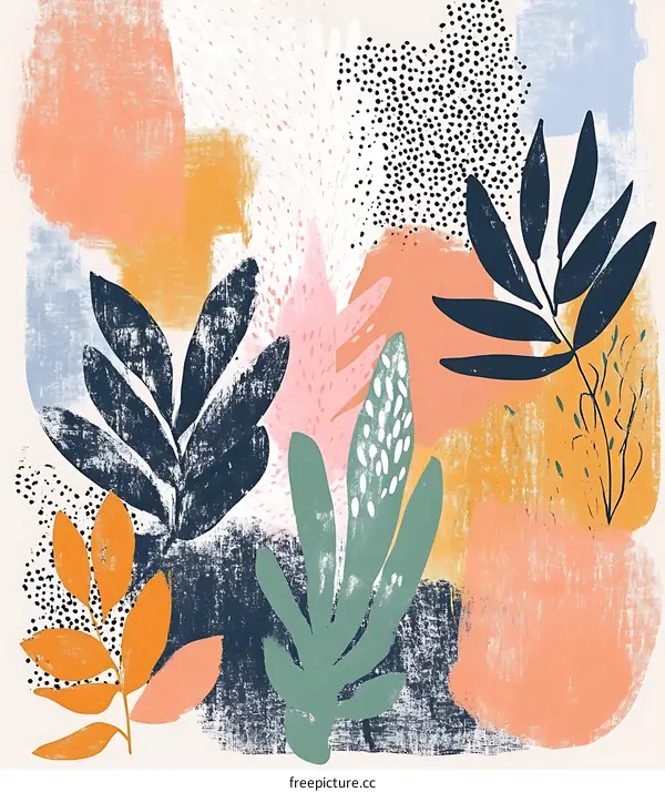 Abstract Floral Illustration with  Green and Blue Leaves