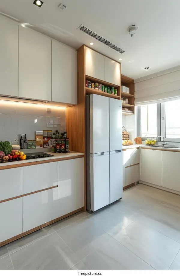 Modern kitchen design with white cabinets and wood accents