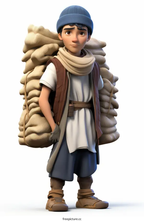 Illustration of a young boy carrying a heavy load on his back