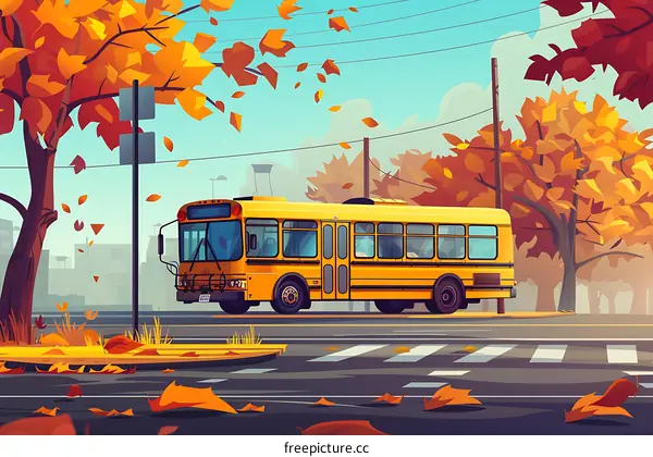 Yellow School Bus Parked on Street with Fall Foliage