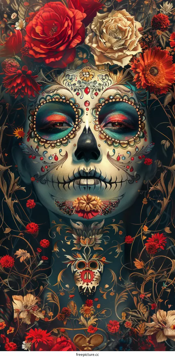 A woman with skull face paint and red flowers in her hair