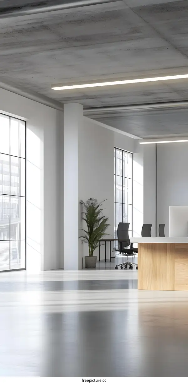 Modern Office Interior Design with Concrete Ceiling and Large Windows