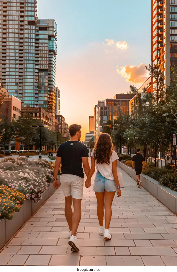 Couple Walking Hand in Hand Down a City Street During Sunset