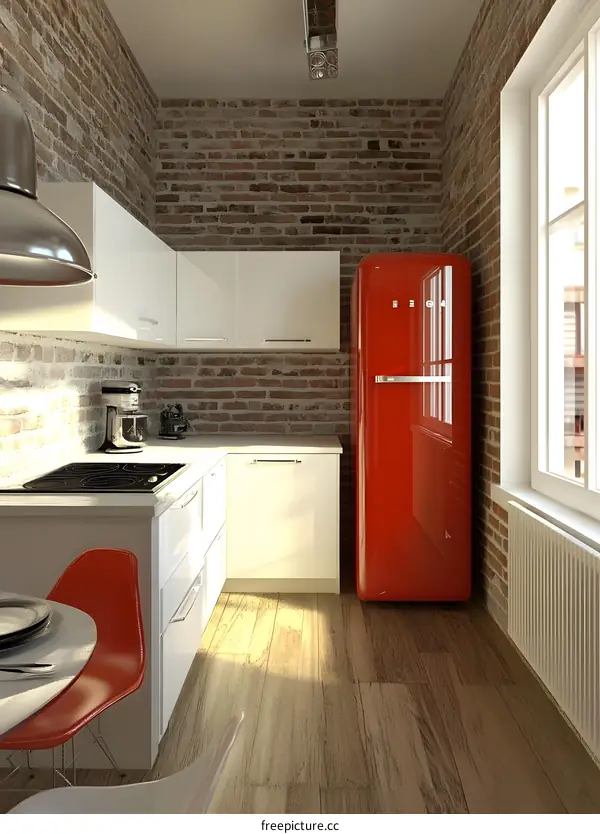 Modern Kitchen Interior with Red Refrigerator and Brick Wall