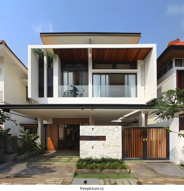 Modern Two Story House with Wooden Gate and Stone Wall