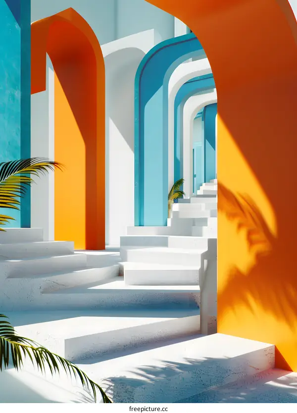 Abstract Architecture with Arches and Steps in White, Blue and Orange