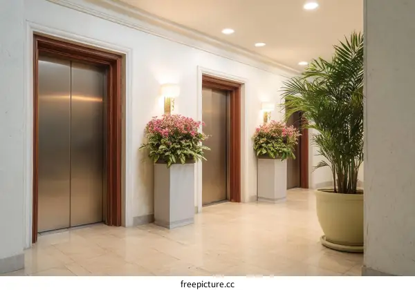 Elegant Hotel Elevator Lobby with Plants