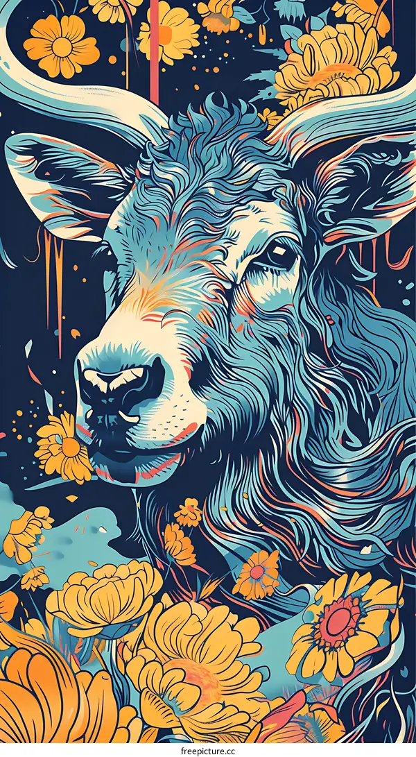 Blue and Yellow Floral Ox Illustration