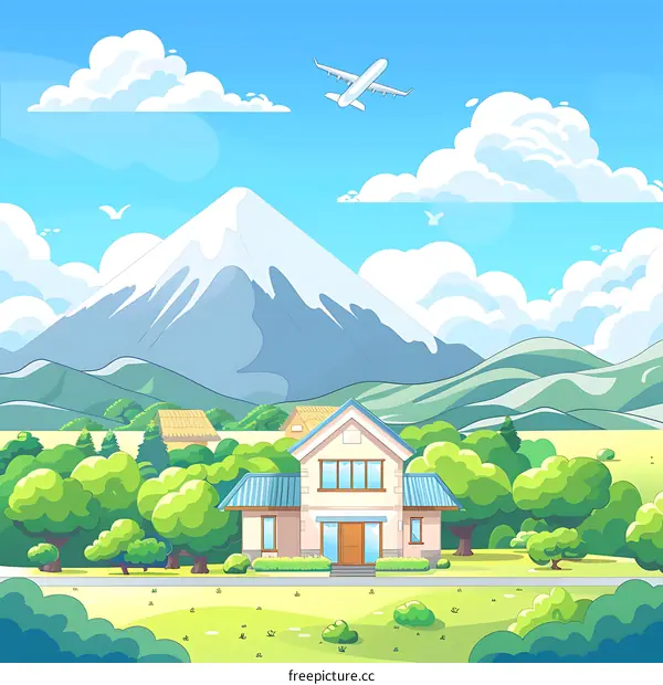 Cartoon Illustration of a House with Mountains and a Plane in the Sky