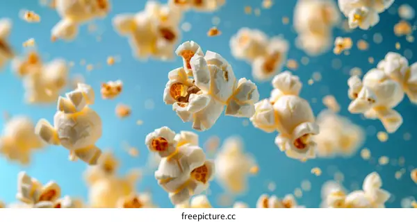 A blue background with a bunch of popcorn pieces flying in mid air.