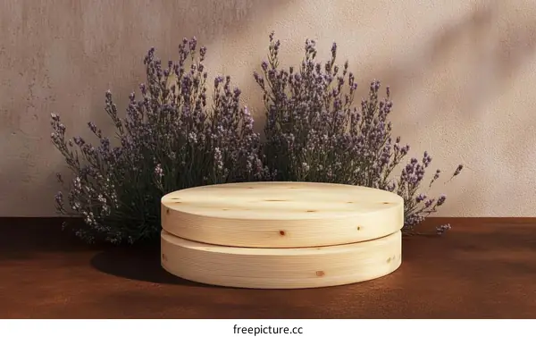 Wooden Display Podium with Lavender Background
