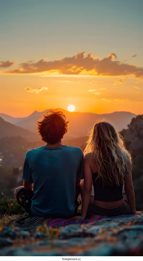 Couple Watching Sunset Over Mountains