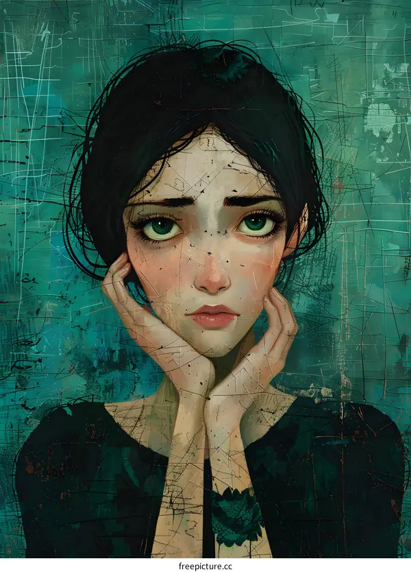 Portrait of a Woman with Green Eyes and a Pensive Expression