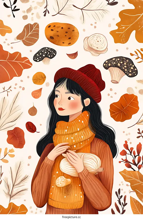 Girl in Autumn with Mushrooms and Leaves