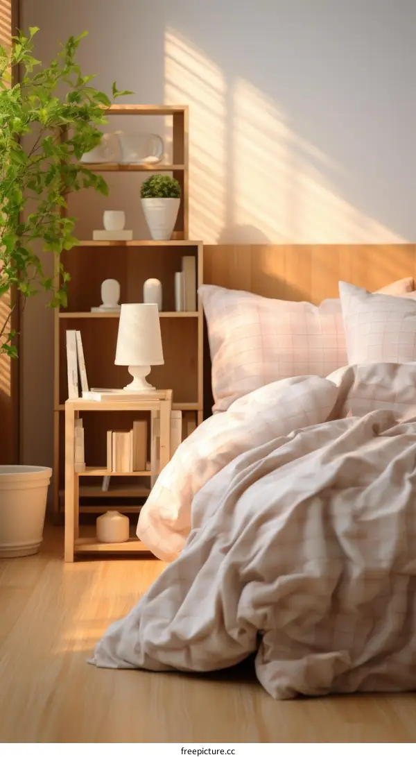 A cozy bedroom with a wooden bed frame, a nightstand, and a bookshelf.