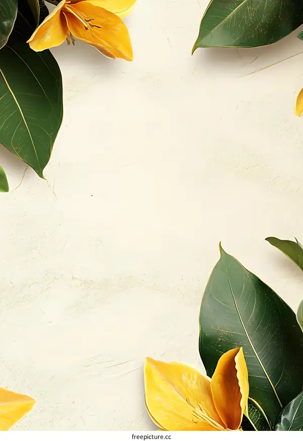 Yellow Flowers and Green Leaves on Beige Background