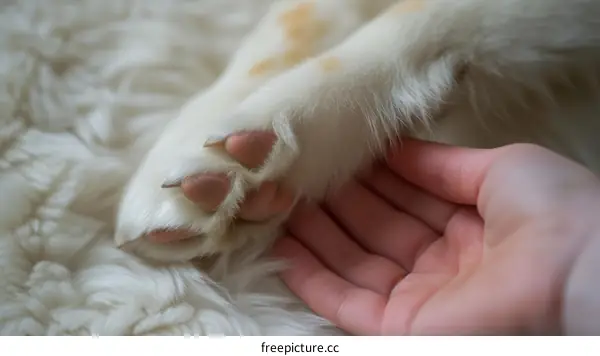 A close up of a dog's paw and a human hand holding it