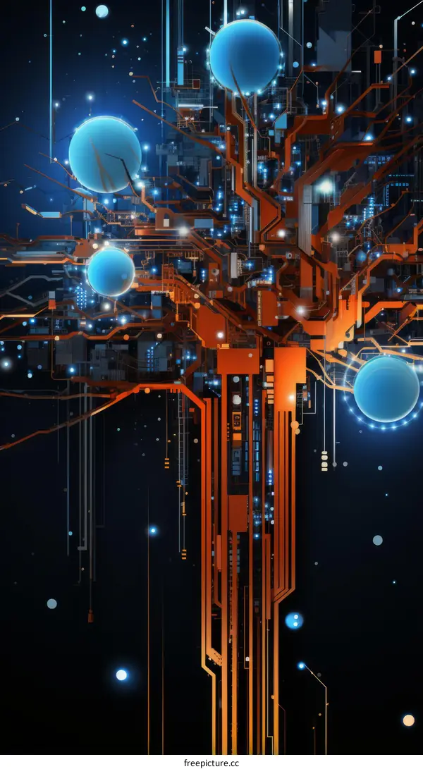 Blue and orange technology tree illustration