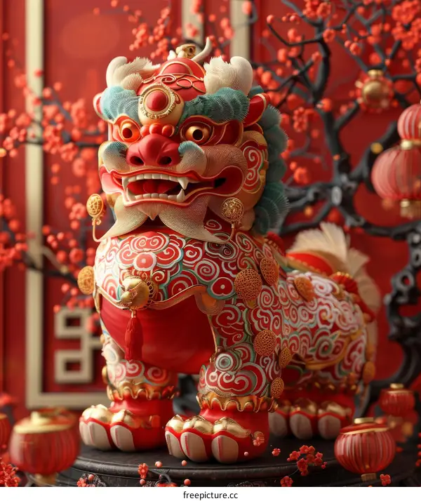 A Red and Gold Lion Statue with Red Background and Lanterns for Chinese New Year