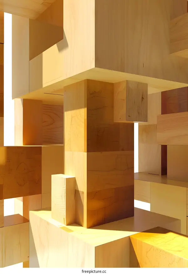 Abstract Wooden Structure Design, Architectural Model, Stacked Wooden Blocks