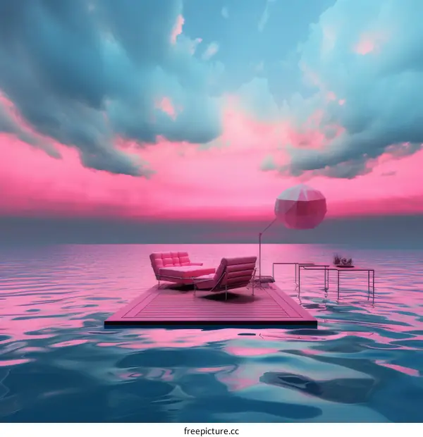 Pink surreal seascape with floating furniture