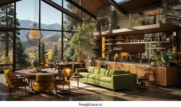 Modern house interior living room kitchen dining room