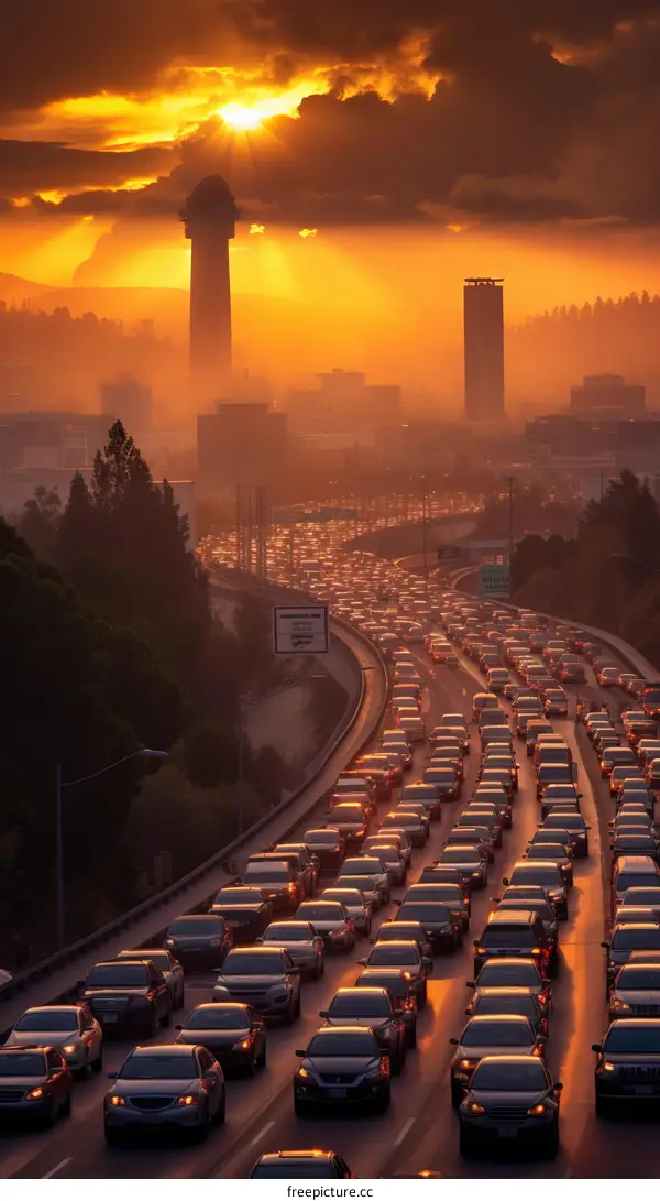 A Long Line of Cars on a Busy Highway at Sunset