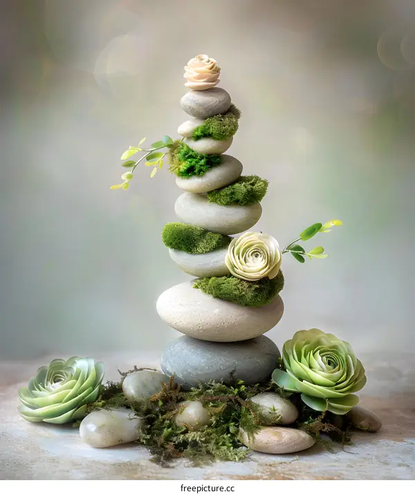 Stack of Stones with Green Moss and Flowers