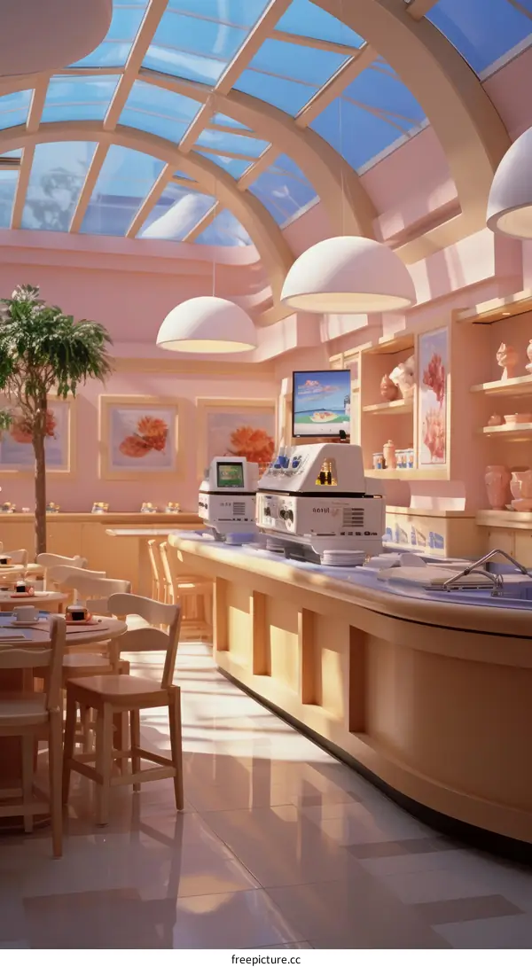 Pink and white futuristic restaurant interior