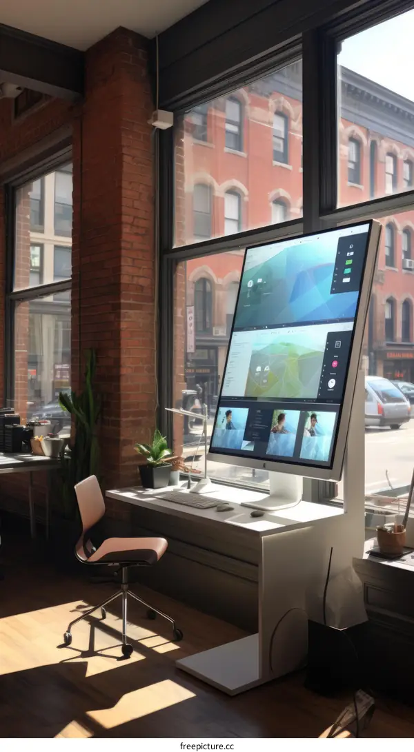 Modern Office Interior with Large Computer and Comfortable Chair