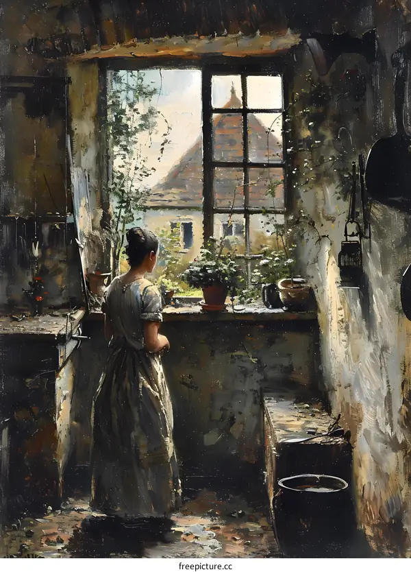 Woman Standing by Window Looking Out at Rural Scene