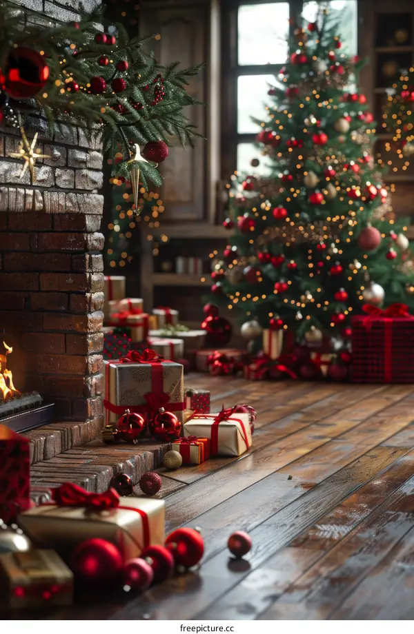 Cozy Christmas Tree by Fireplace