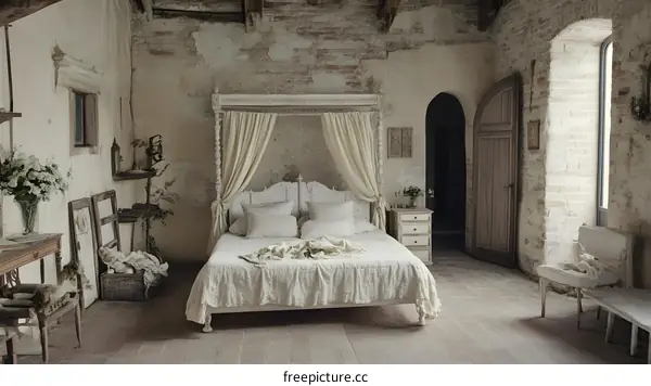 Rustic Bedroom with Canopy Bed and White Brick Walls