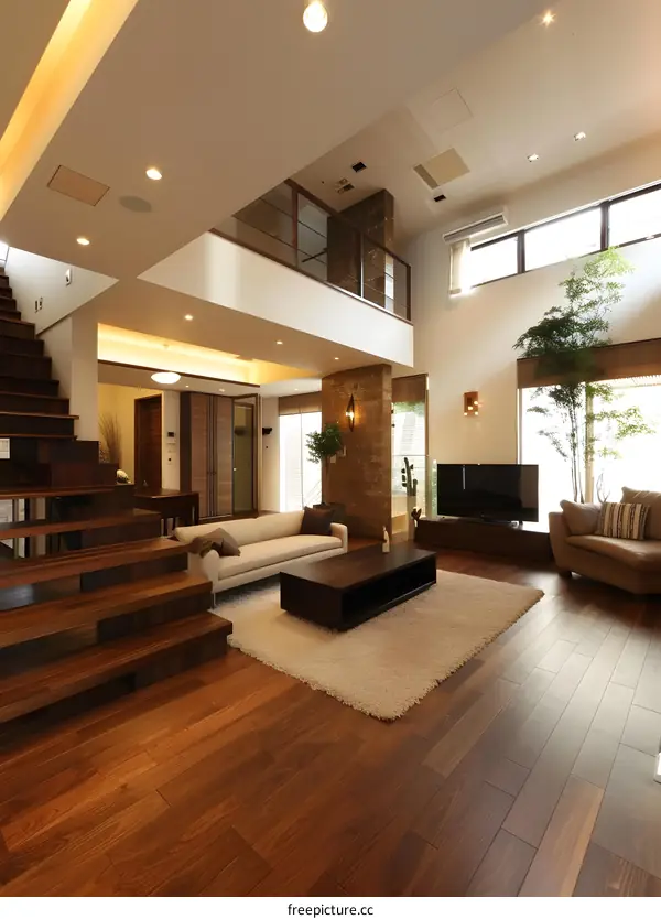 Modern Open Concept Living Room With Wooden Staircase