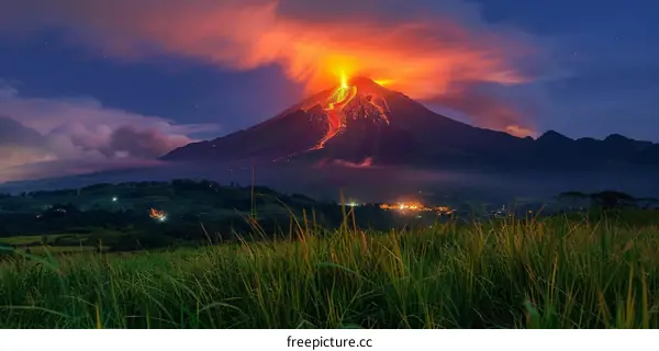 Mayon Volcano erupts at night in the Philippines