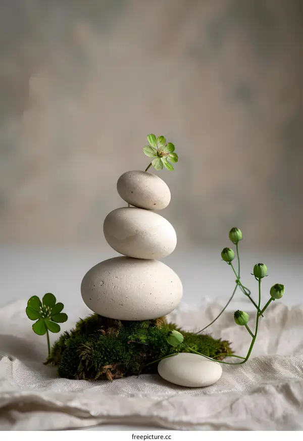 Stack of Stones and Flower on Moss