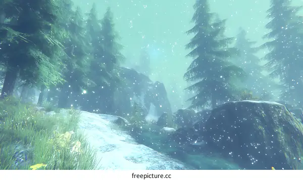 Winter Forest Landscape with Snow Falling