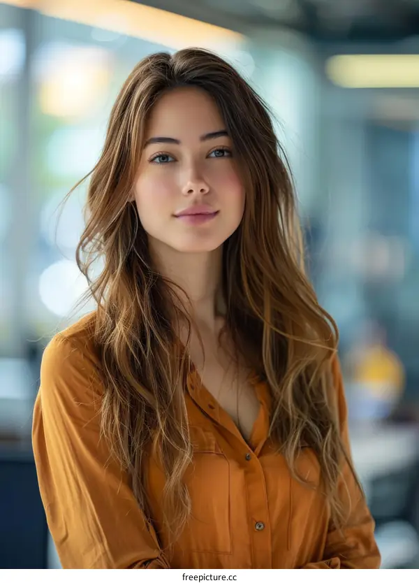 Beautiful Woman Portrait in Casual Orange Shirt