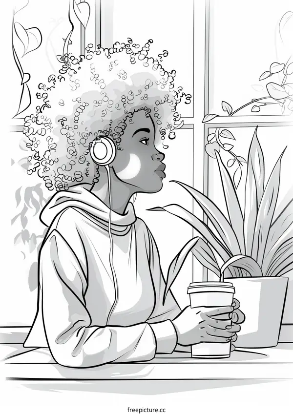 Black Woman with Headphones Drinking Coffee and Looking Out Window
