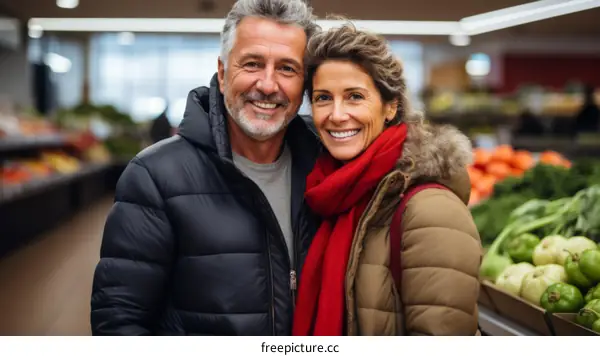 Happy couple shopping for groceries in supermarket
