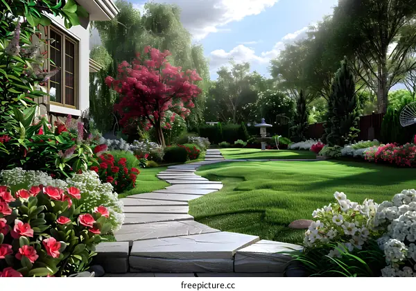 A beautiful garden with a stone path, a fountain, and a variety of flowers and plants