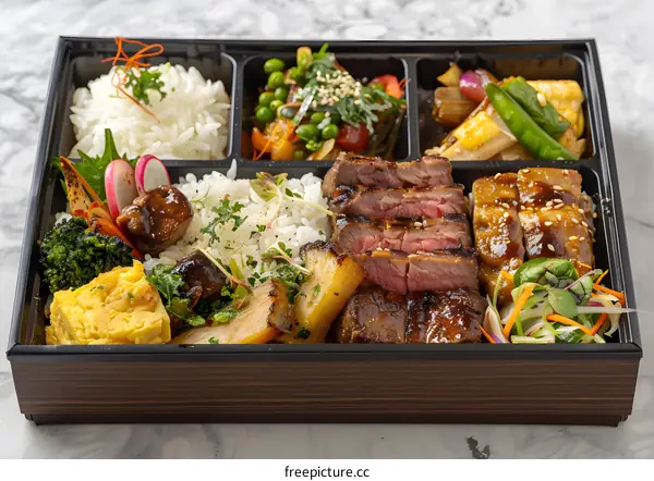 Japanese Style Bento Box With Grilled Beef, Rice and Vegetables