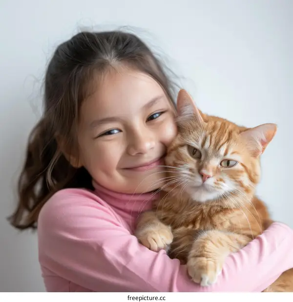 Little girl hugging a ginger cat