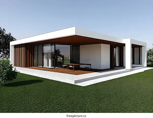 Modern White House With Wooden Accents and Patio