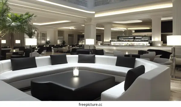 Modern Hotel Lobby with Black and White Sofas