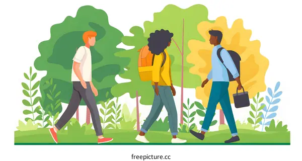 Diversity Group of People Walking in a Park Illustration